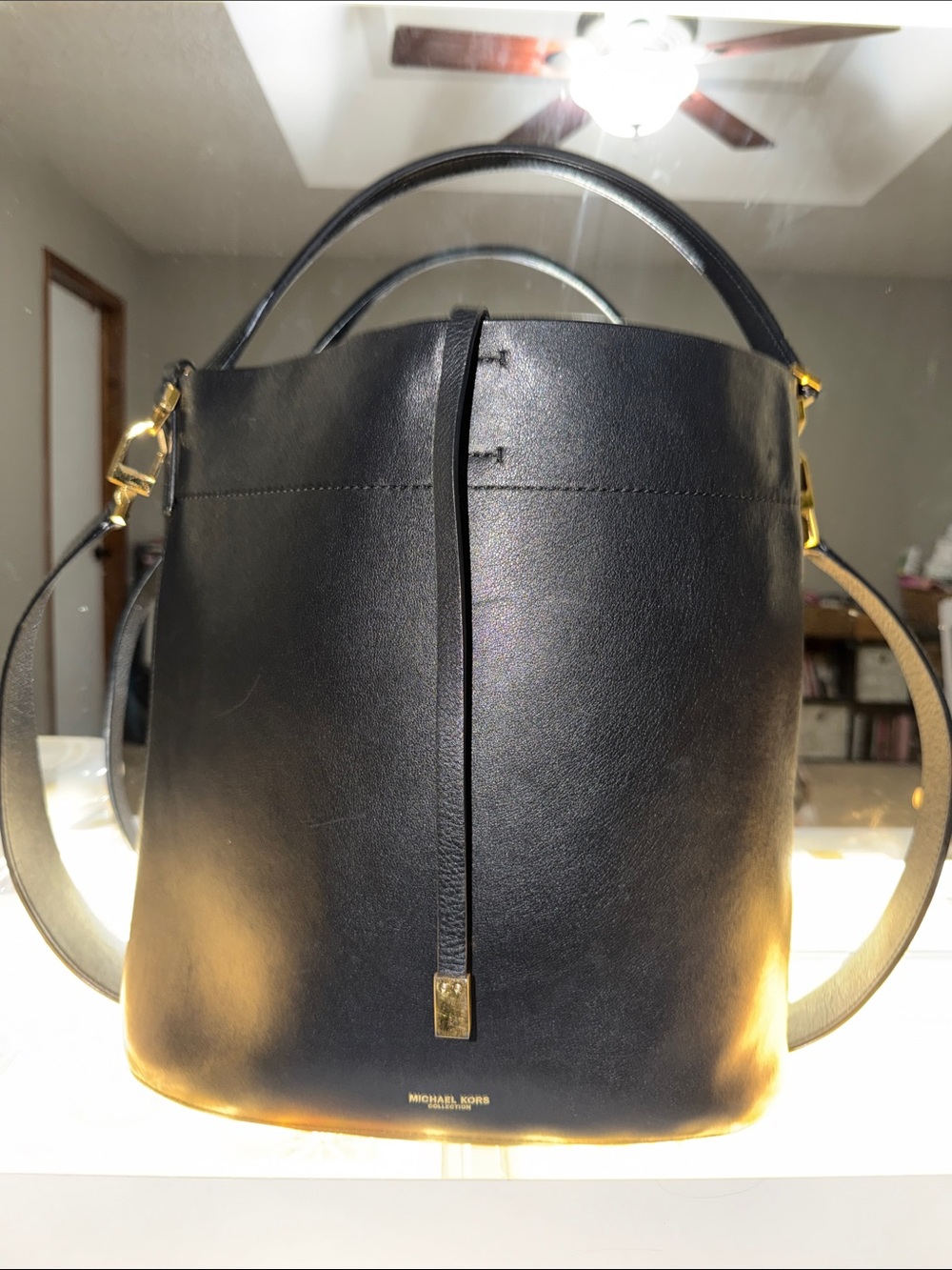 Michael Kors Black Leather Drawstring Bucket Miranda Bag with Gold Hardware